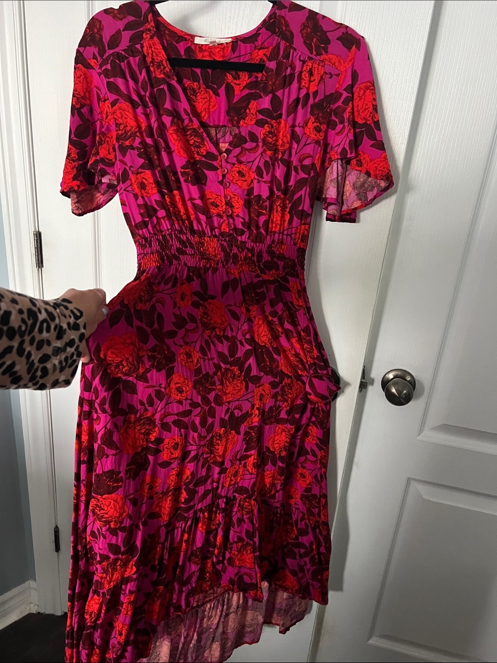 Fuchsia & Red Floral High-Low Midi Dress with Smocked Waist